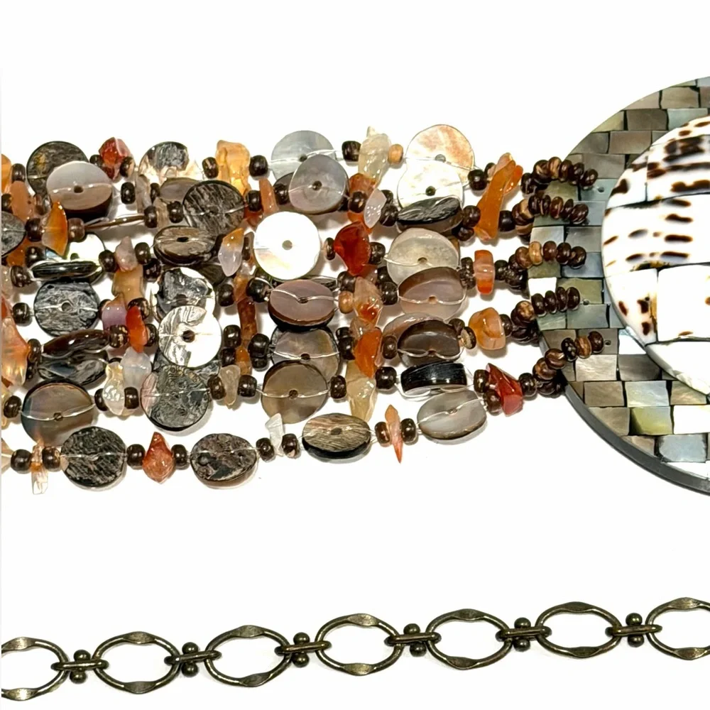 Chico’s Mother of Pearl Shell Brown Beaded Chain Adjustable Statement Belt